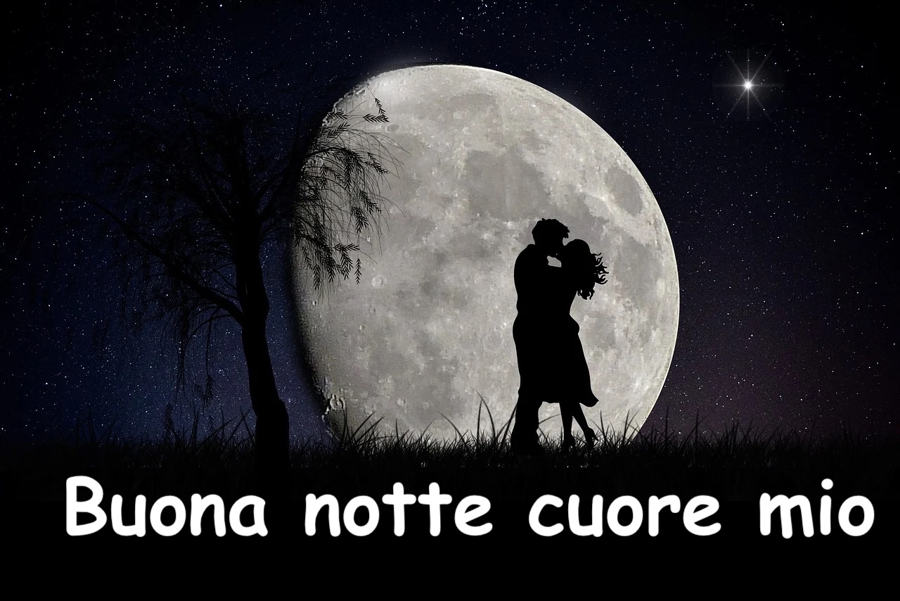  la ssagoma nera di una coppia che si bacia di notte dietro una luna gigante